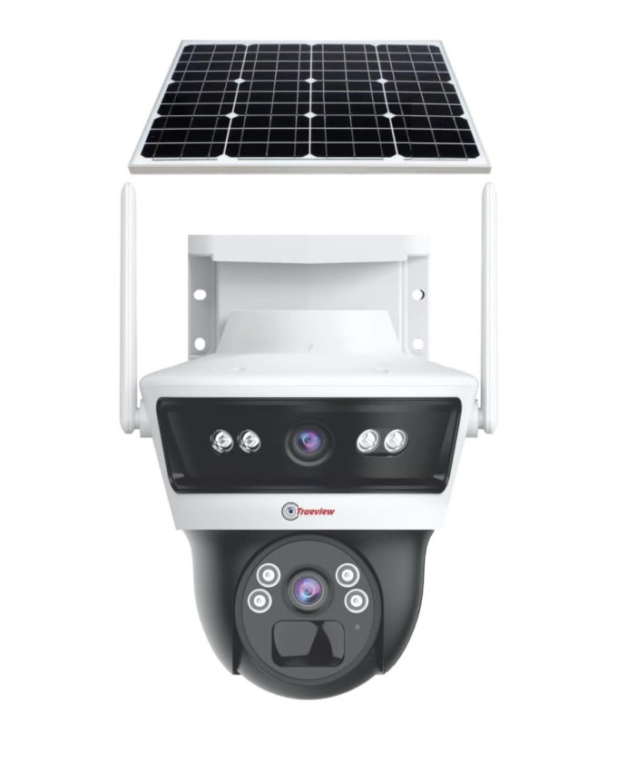 Trueview 3+3Mp Wireless 4G Cellular Mini Pt Solar Powered Linkage Security Camera, 1296p Advanced CCTV Surveillance Solution, Outdoor Camera, Water Proof, 2 Way Talk