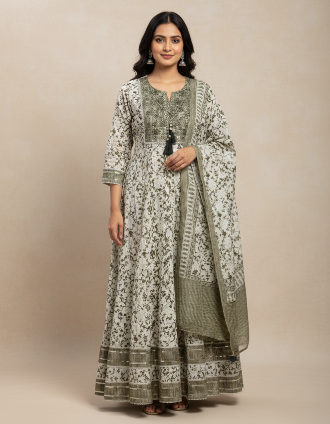 Olive Printed Suit Cotton