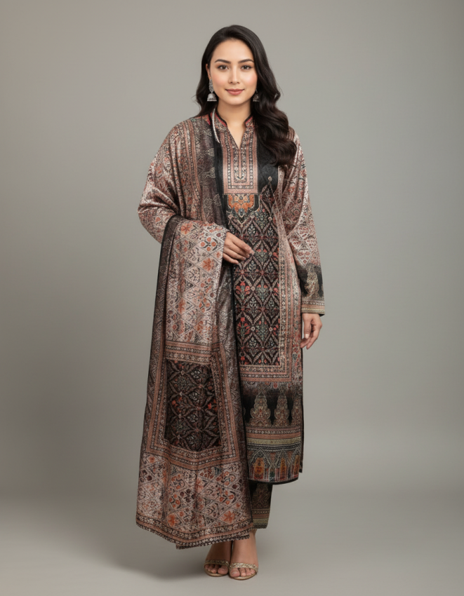 Regal Printed Silk Suit with Pashmina-Style Borders