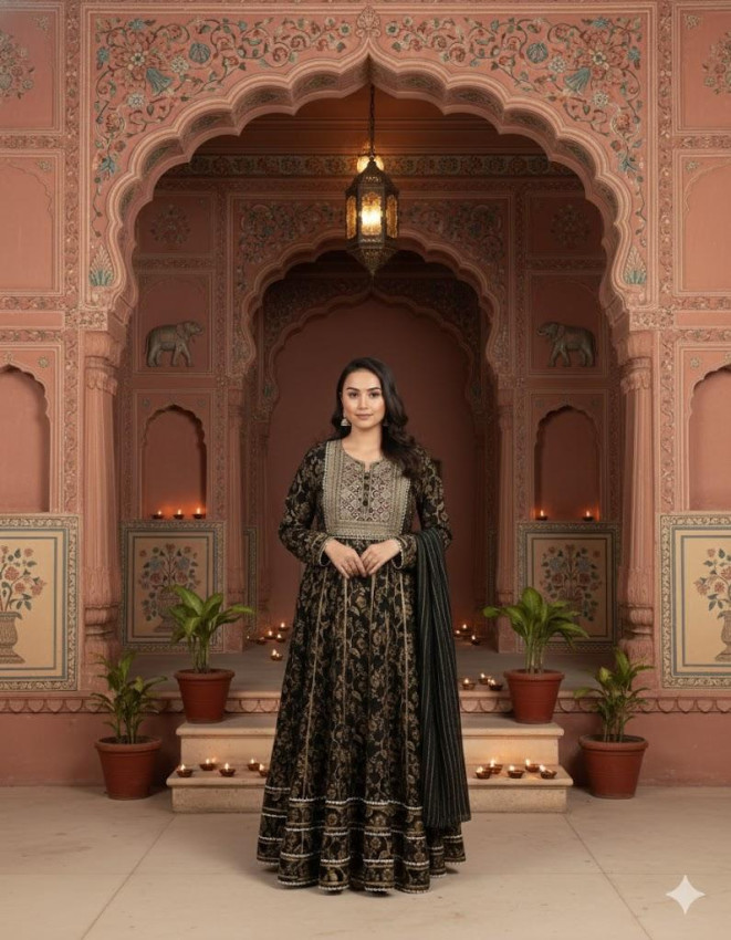 Black Cotton Print Suit Full With Dupatta