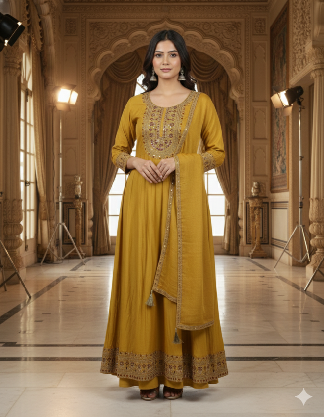 Mustard Gold Embroidered Anarkali Suit Full