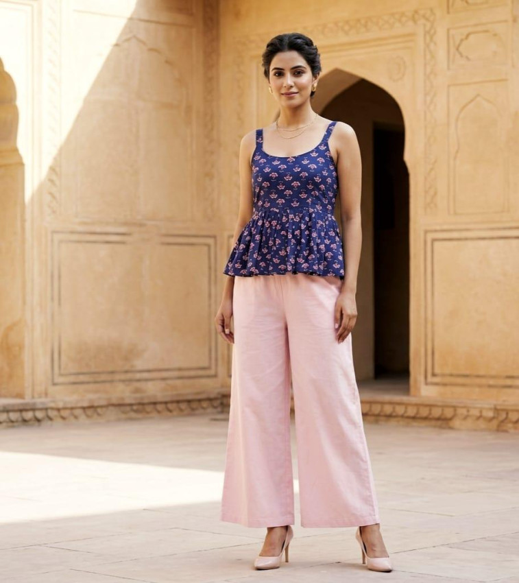 Midnight Blue Printed Peplum Kurti Top