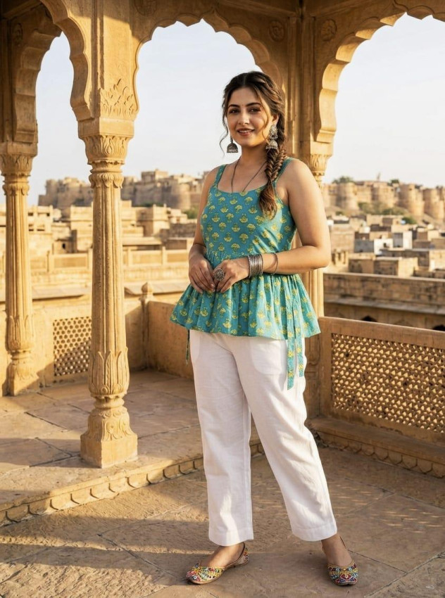 Turquoise Printed Peplum Kurti Top with Flared Hem