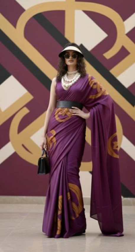 Royal purple satin saree with geometric circular motifs