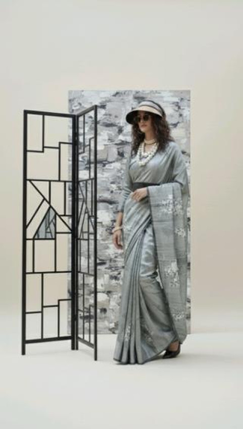 Elegant Slate Grey Floral Printed Saree