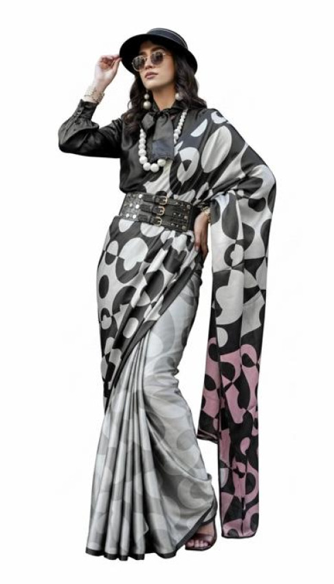 Monochrome geometric print satin saree