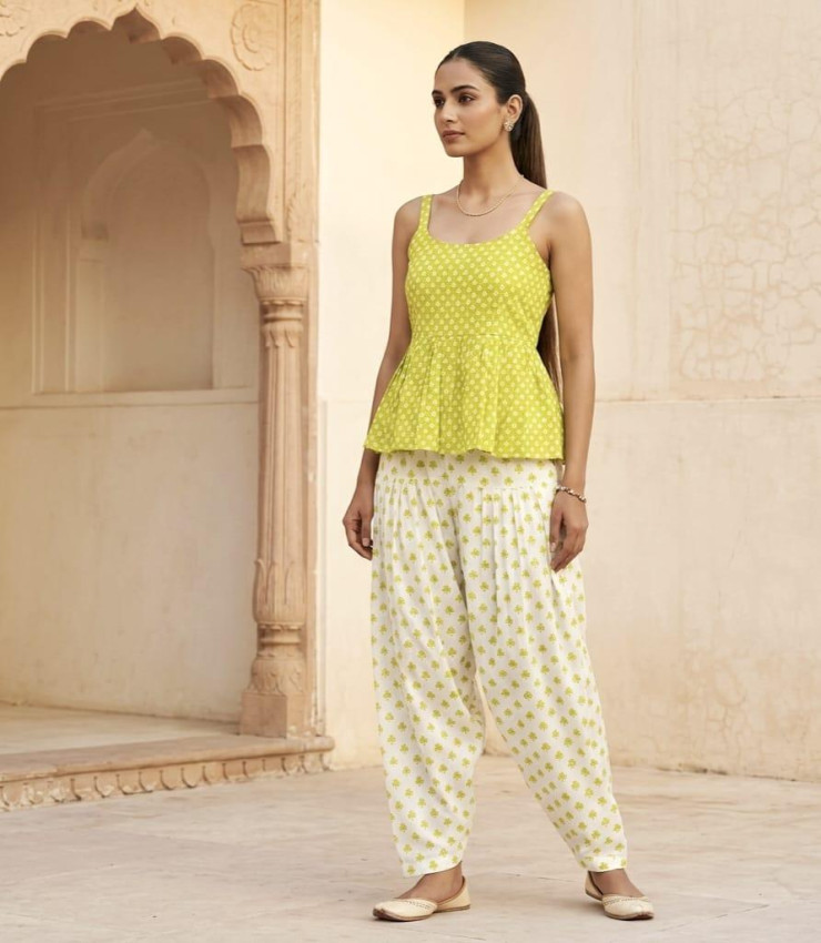 Lime Green Printed Peplum Kurti Top with Flared Waist