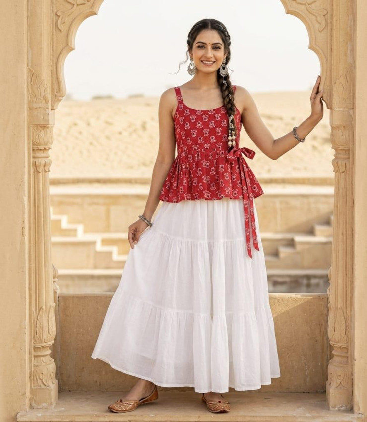 Ruby Red Printed Peplum Kurti Top