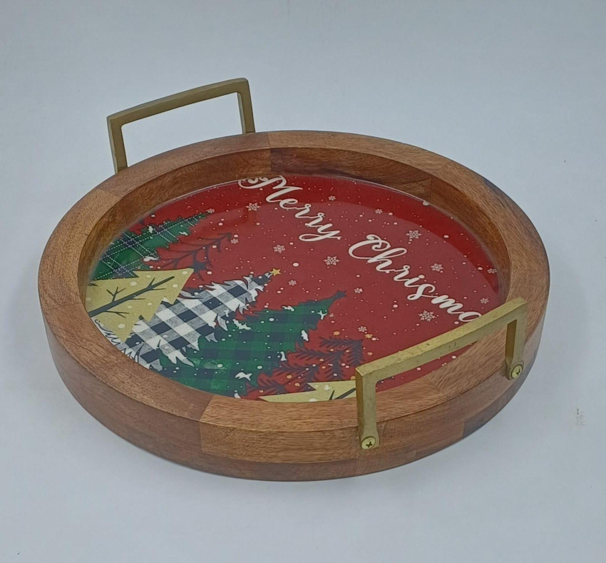 Christmas Serving Tray with Gold Metal Handles