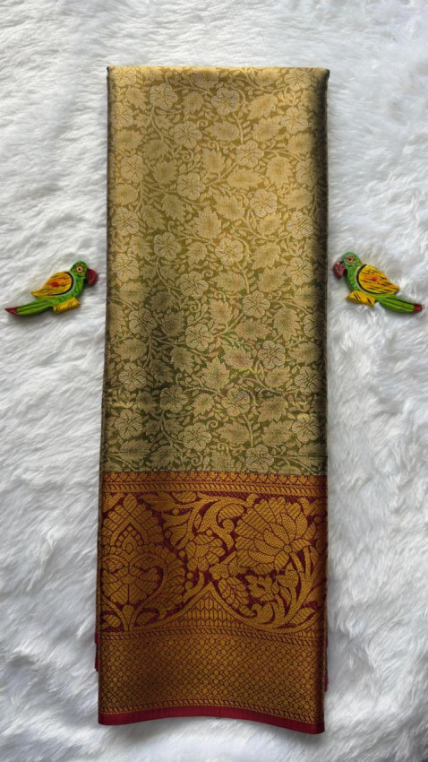 Semi Tissue Silk Saree - Olive Green with Maroon Border - Code01