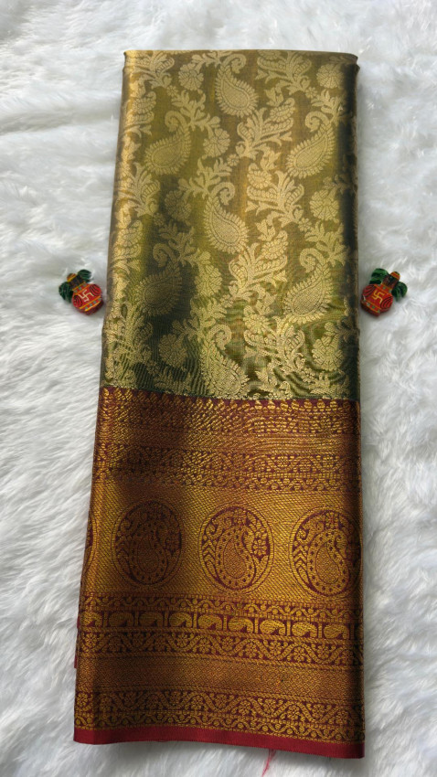 Semi Tissue Silk Saree - Bottle Green with Maroon Border - Code04