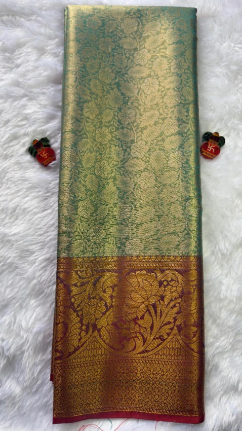 Semi Tissue Silk Saree - Sea Green with Red Border - Code05