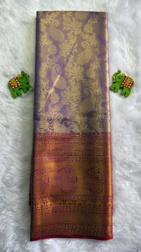 Semi Tissue Silk Saree - Purple with Gold Border - Code06