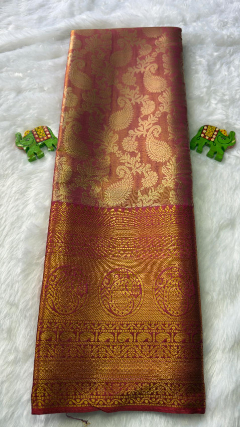 Semi Tissue Silk Saree - Wine Red with Gold Border - Code03