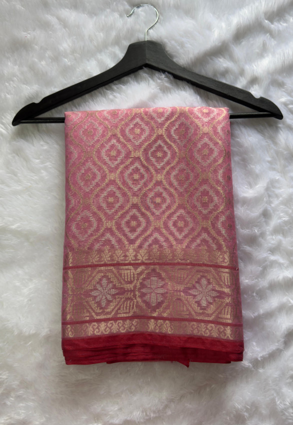 Jamdhani Saree - Rose Pink with Gold Zari & Maroon Border - Code03