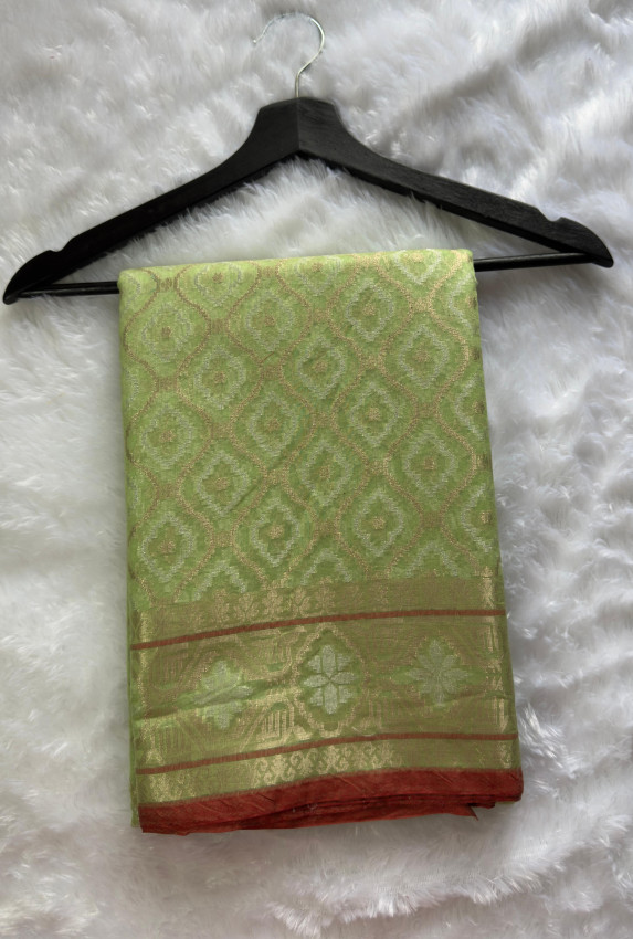 Jamdhani Saree - Pistachio Green with Gold Zari & Rust-Maroon Border - Code04