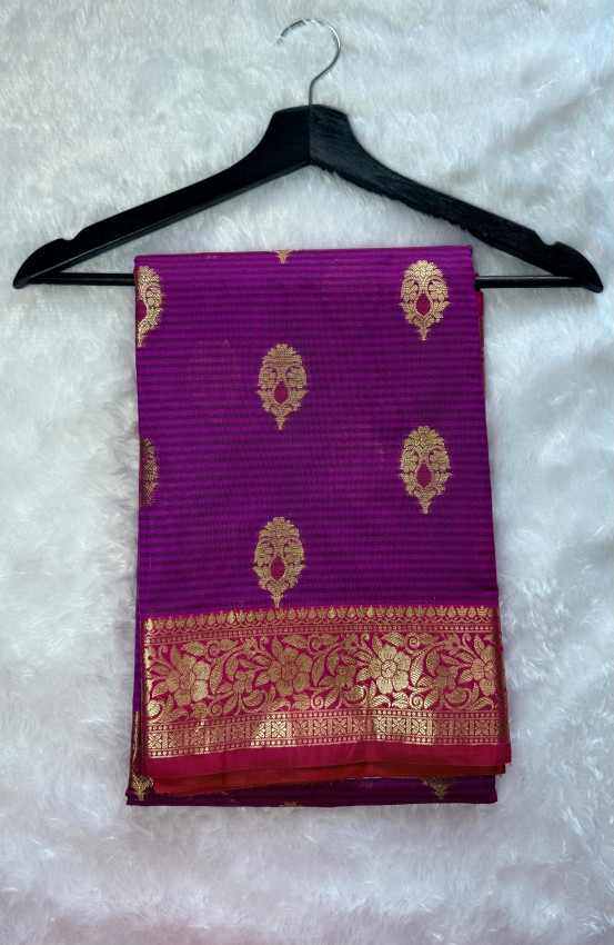 Semi Katan Silk Saree - Purple with Gold Zari - Code02