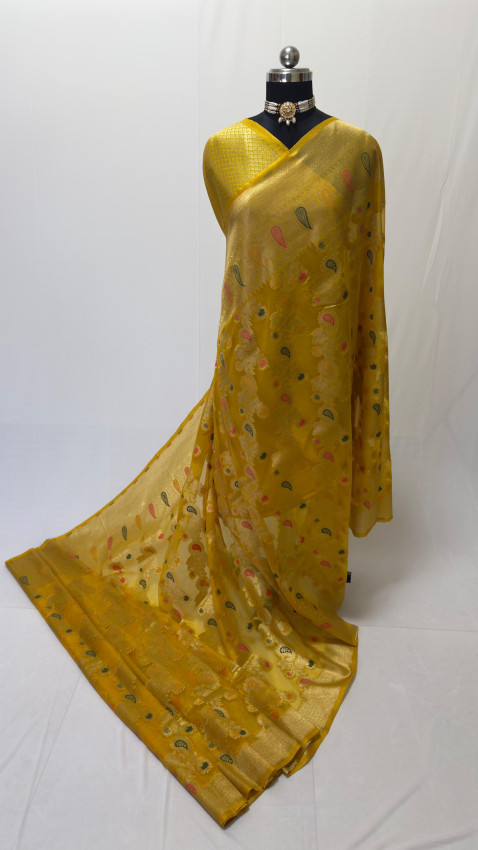 Mustard Yellow Banarasi Organza Saree - Code09