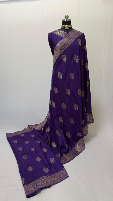 Semi Viscose Saree – Royal Purple with Golden Zari Buttas – Code01