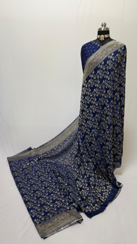 Semi Georgette Saree – Navy Blue with Silver Floral Zari – Code01