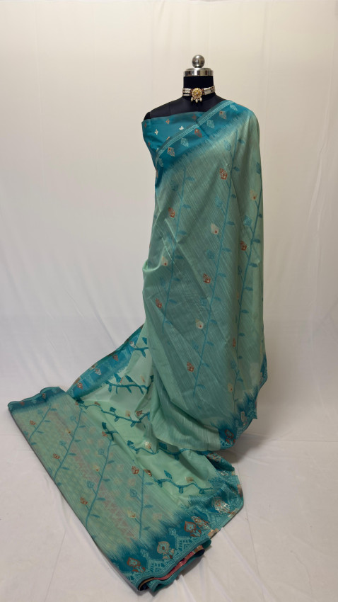 Soft Cotton Saree with Katan Border – Aqua Green & Navy Blue – Code02