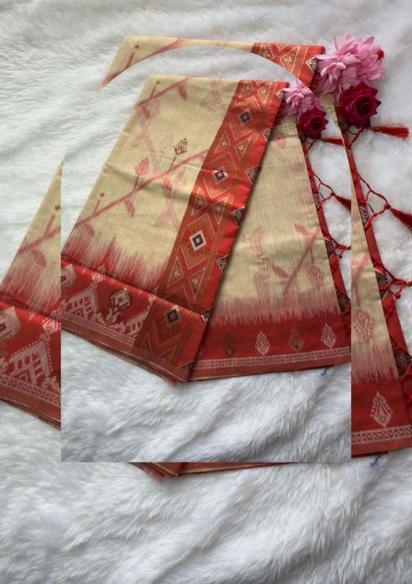 Soft Cotton Saree with Katan Border – Cream & Red – Code04