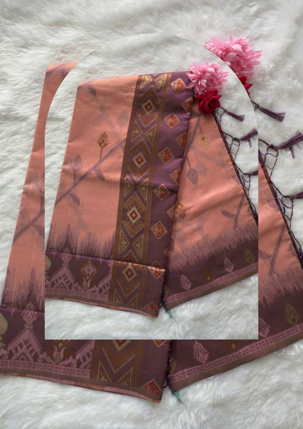 Soft Cotton Saree with Katan Border – Peach & Wine – Code05