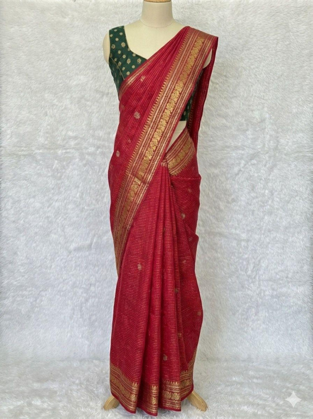 Mysore Crepe Semi Saree with Gold Zari Checks & Traditional Border - Code01