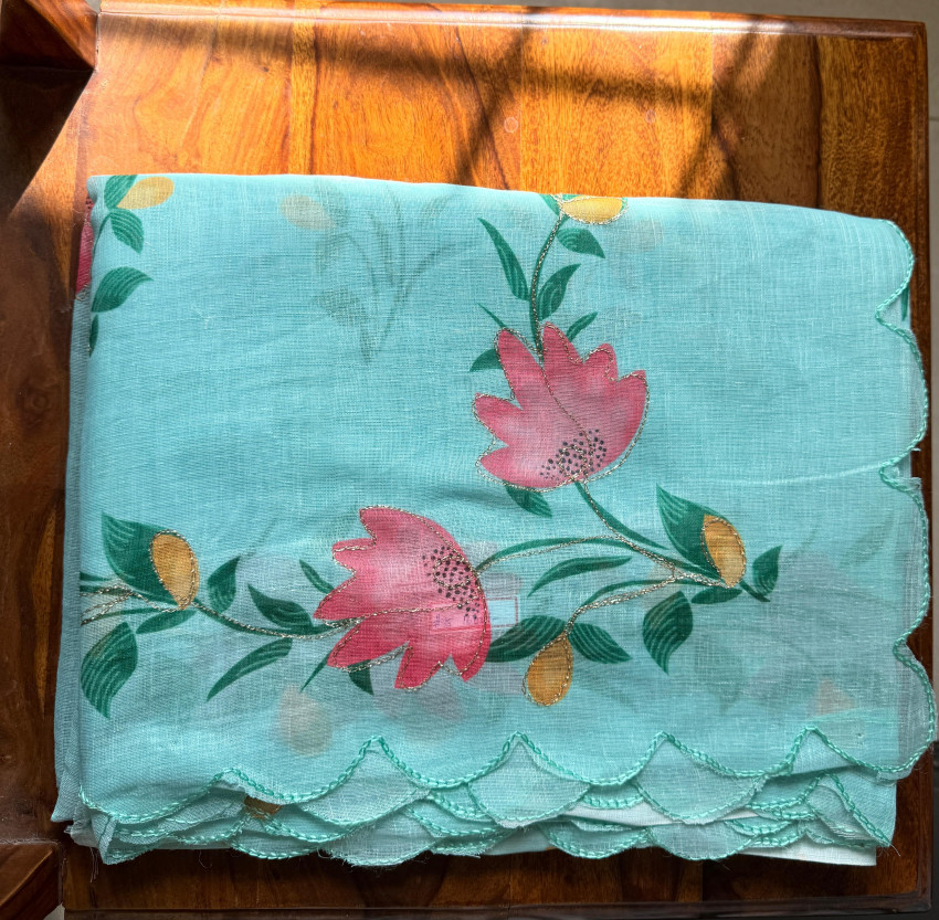 Lightweight Pastel Linen Saree with Hand-Paint Style Digital Flowers