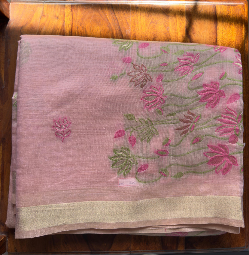 Elegant Muga Cotton Saree with Intricate Lotus Embroidery