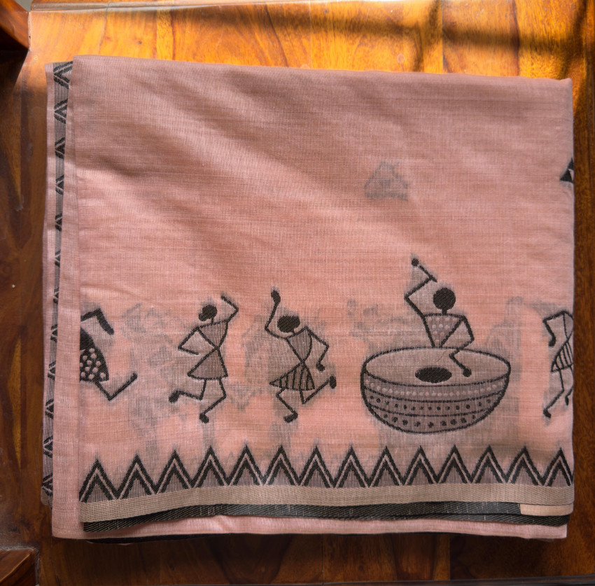 Muga Cotton Saree with Traditional Warli Village Art Print