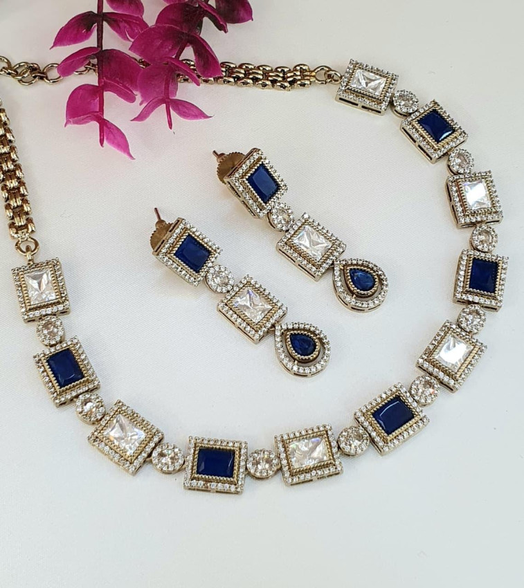Navy Blue CZ Geometric Necklace Set