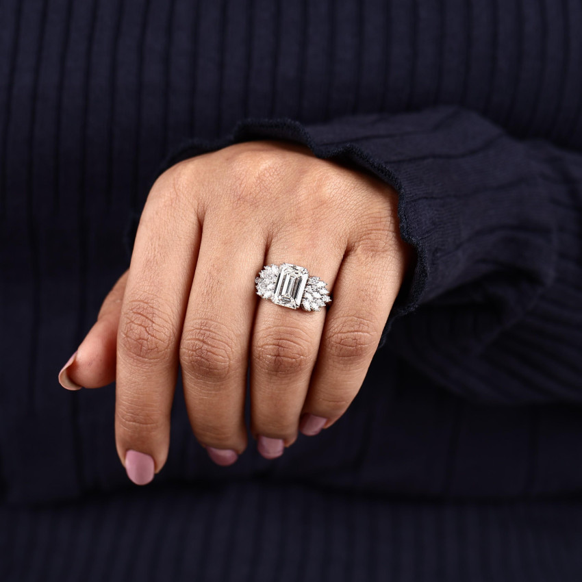 Emerald-Cut Lab Grown Diamond Engagement Ring with Marquise Side Diamonds in 14K White Gold