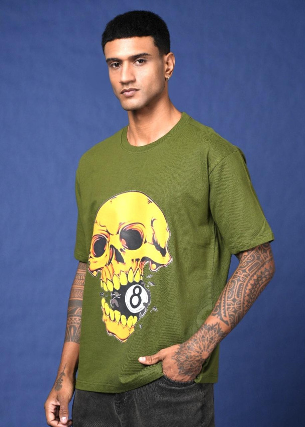 army green 8 ball  Drop Shoulder DTF Printed T-Shirt.