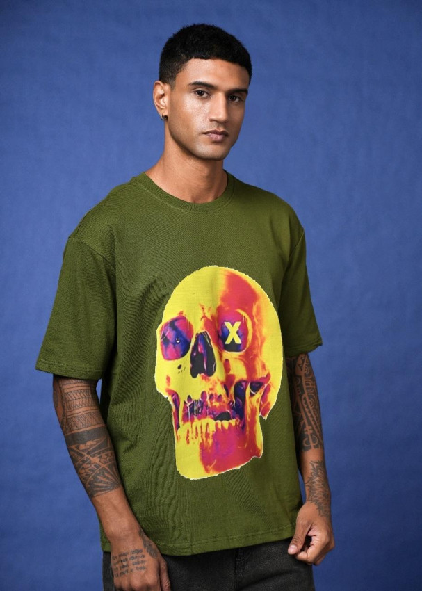 army green Drop Shoulder DTF Printed T-Shirt