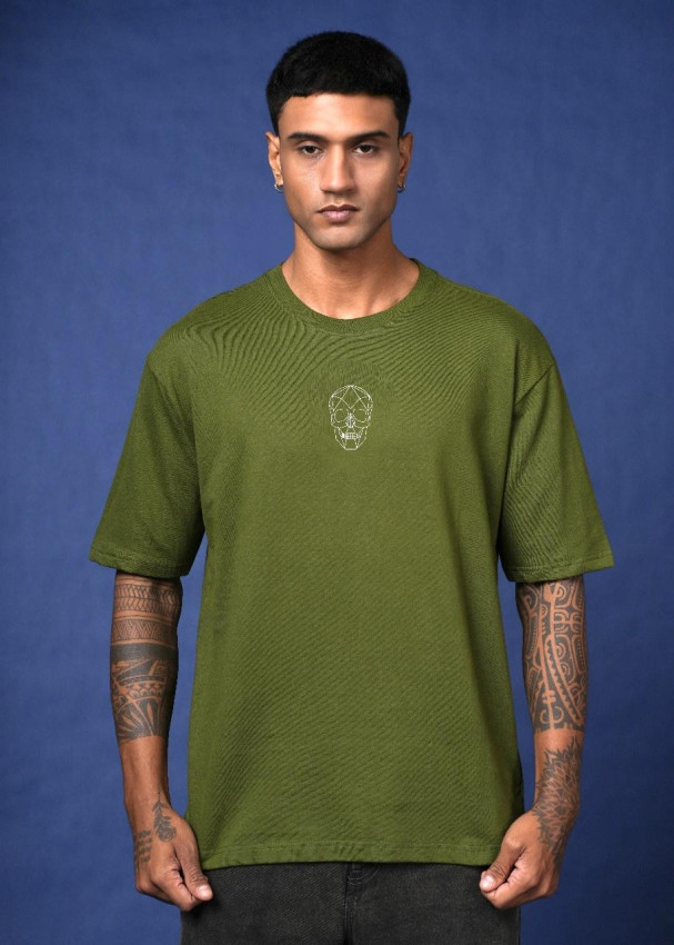 Army green Dropshoulder Plain T-Shirt.