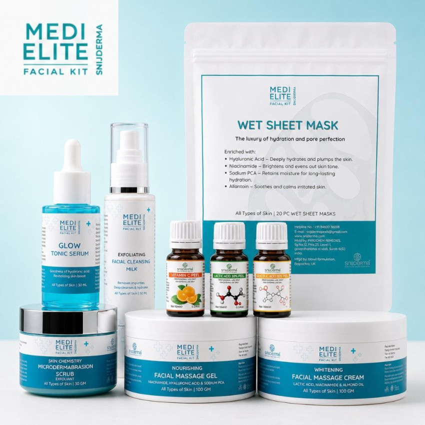 MEDI ELITE FACIAL KIT – 6 Step Professional Facial Kit with Glycolic Acid, Lactic Acid &amp; Vitamin C Boosters for Skin Brightening, Hydration &amp; Repair