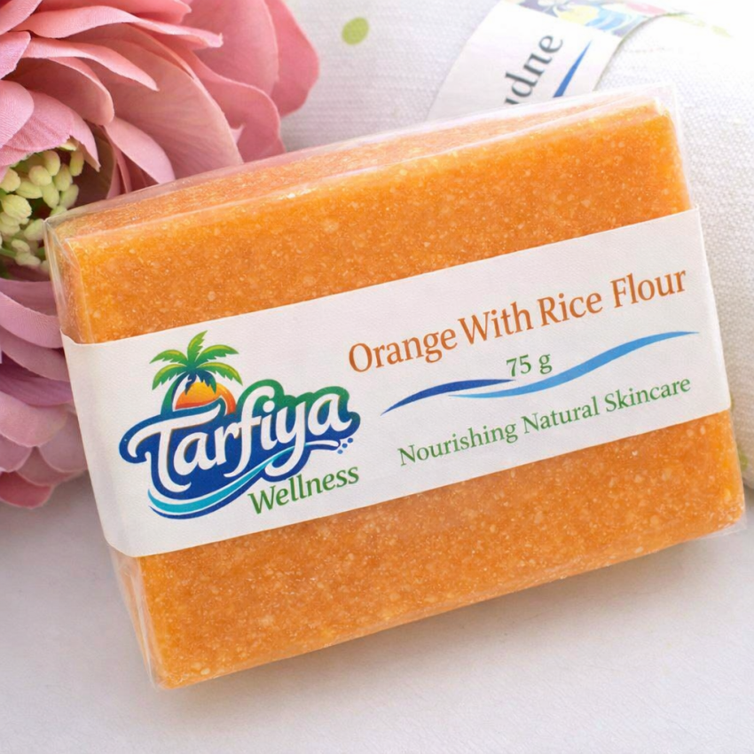 Tarfiya Wellness Orange & Rice Flour Handmade Soap | Natural Exfoliating Glow Bath Bar | Skin Brightening Glycerin Soap | Paraben Free | 75g
