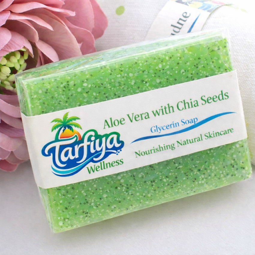 Tarfiya Wellness Aloe Vera & Chia Seeds Handmade Soap | Natural Hydrating Moisturizing Bath Bar | Glycerin Base | Paraben Free | For Soft & Healthy Skin | 75g