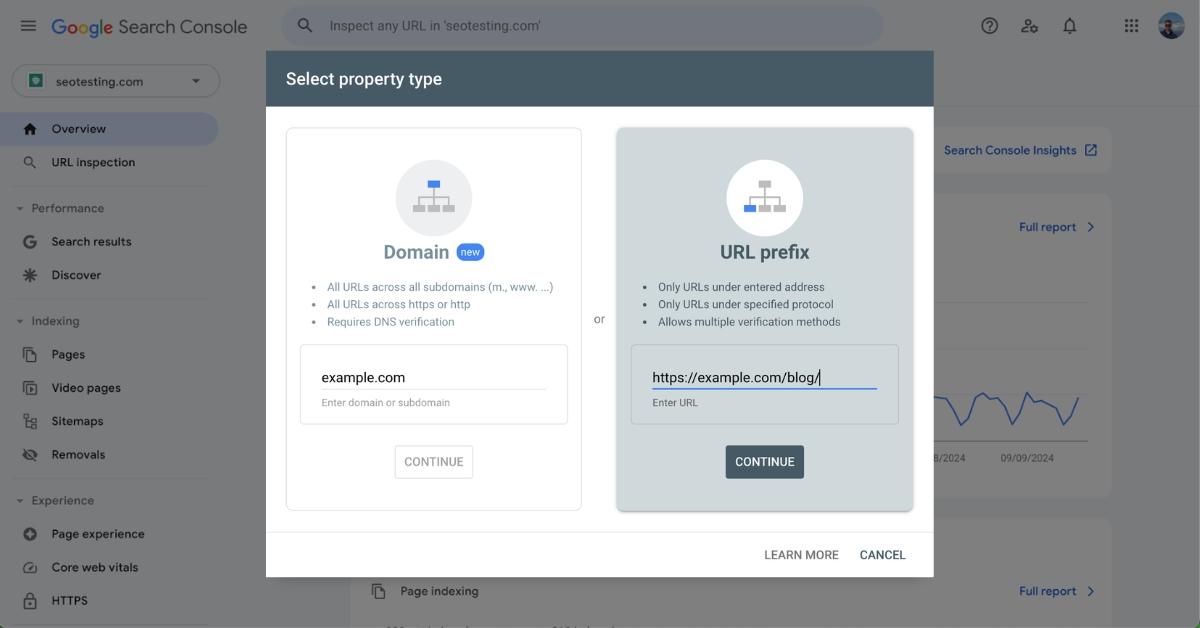 Google Search Console property type selection